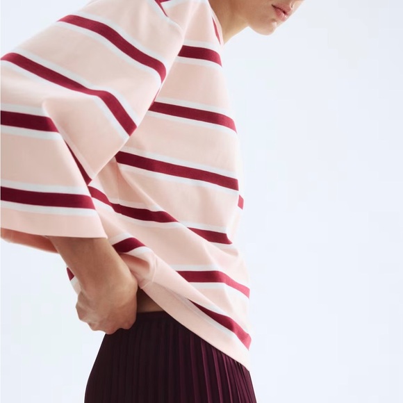 NWT H&M Powder Pink/Burgundy Striped 100% Cotton Loose-Fit Top Sz L 1274548005 - Picture 3 of 6